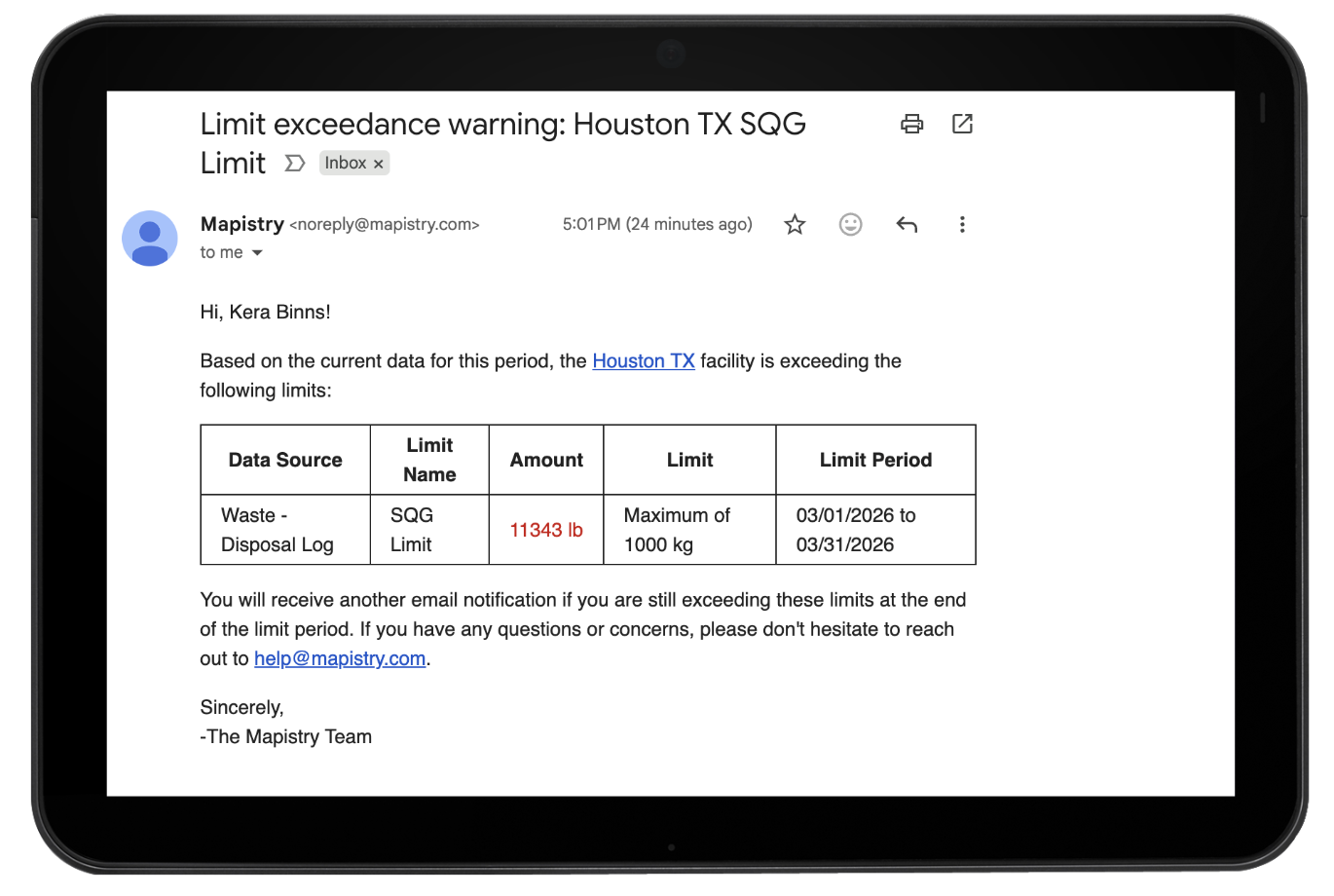Waste exceedance email alert
