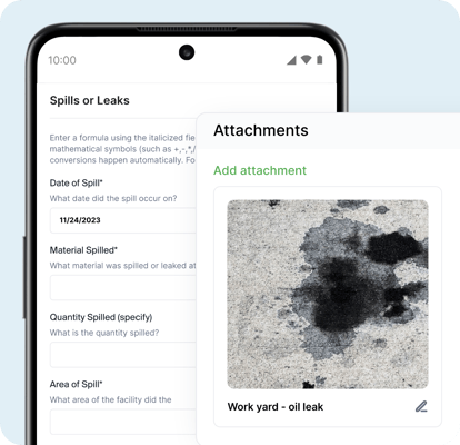 Mobile screenshot of a spill or leak inspection overlayed with a photo attached to the inspection of the actual spill.