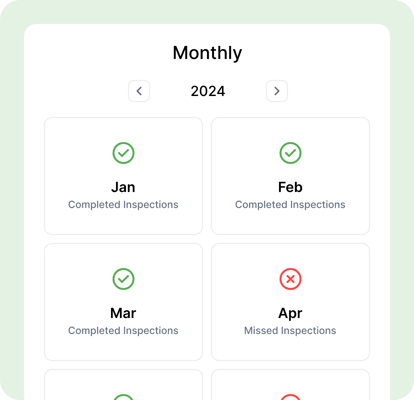 Calendar screenshot showing monthly inspections, so complete and some missed.