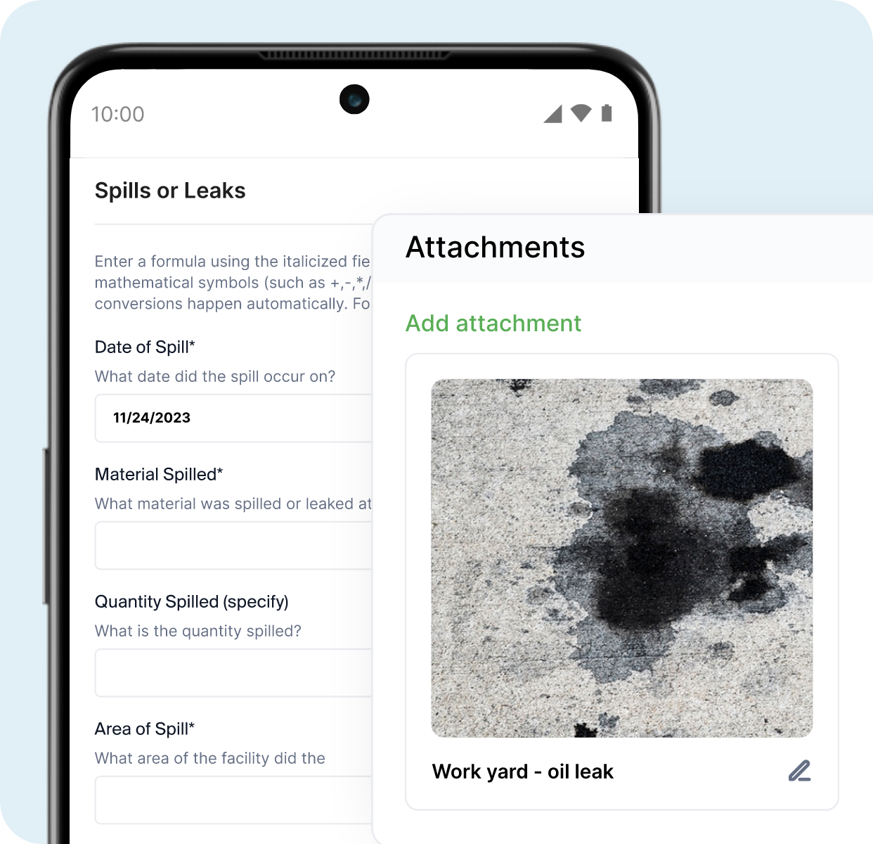 Mobile screenshot of a spill or leak inspection overlayed with a photo attached to the inspection of the actual spill.
