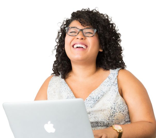 woman holding laptop and laughing