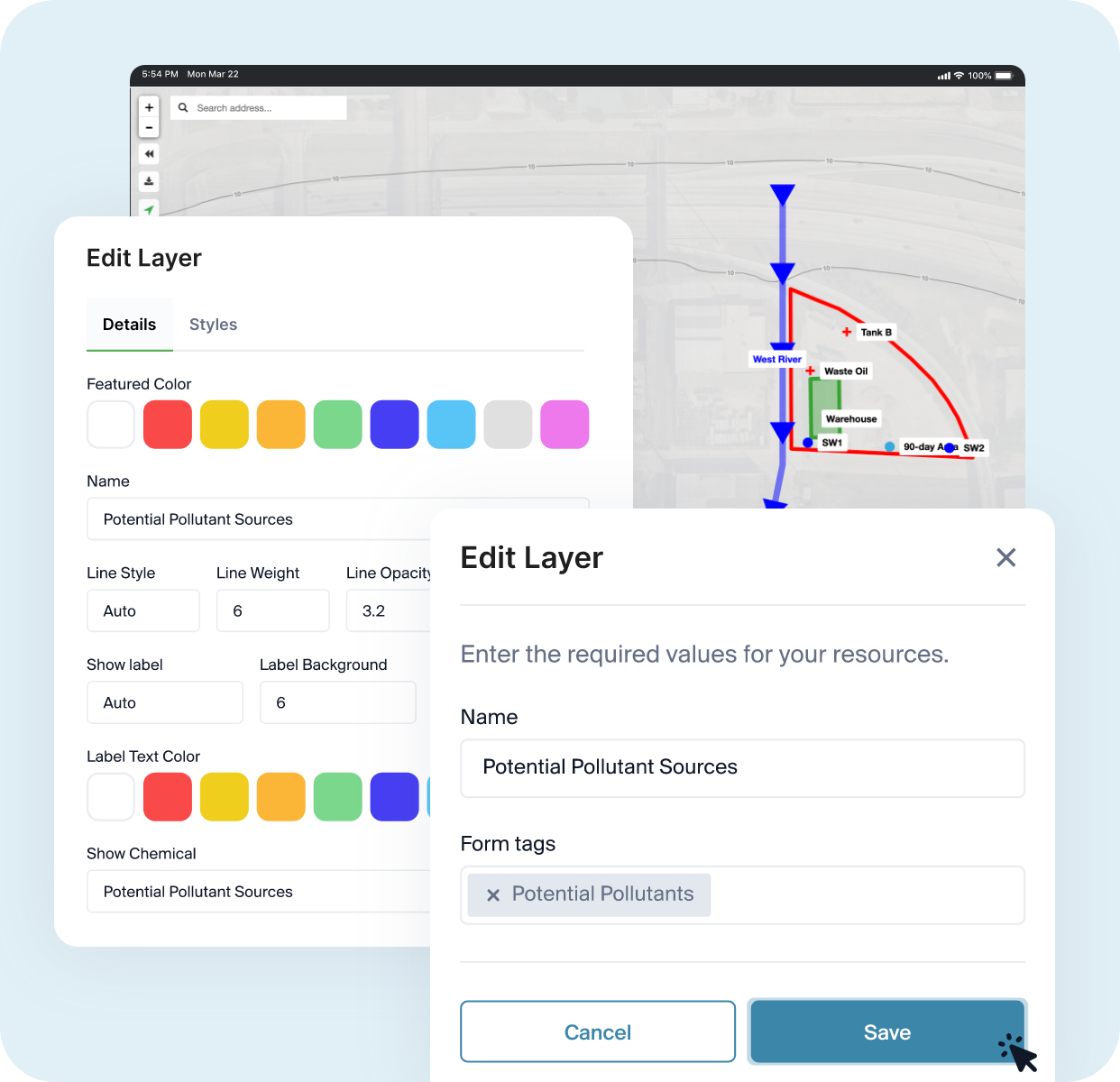 Screenshot showing GIS map builder with modals for editing a layer's style and name.