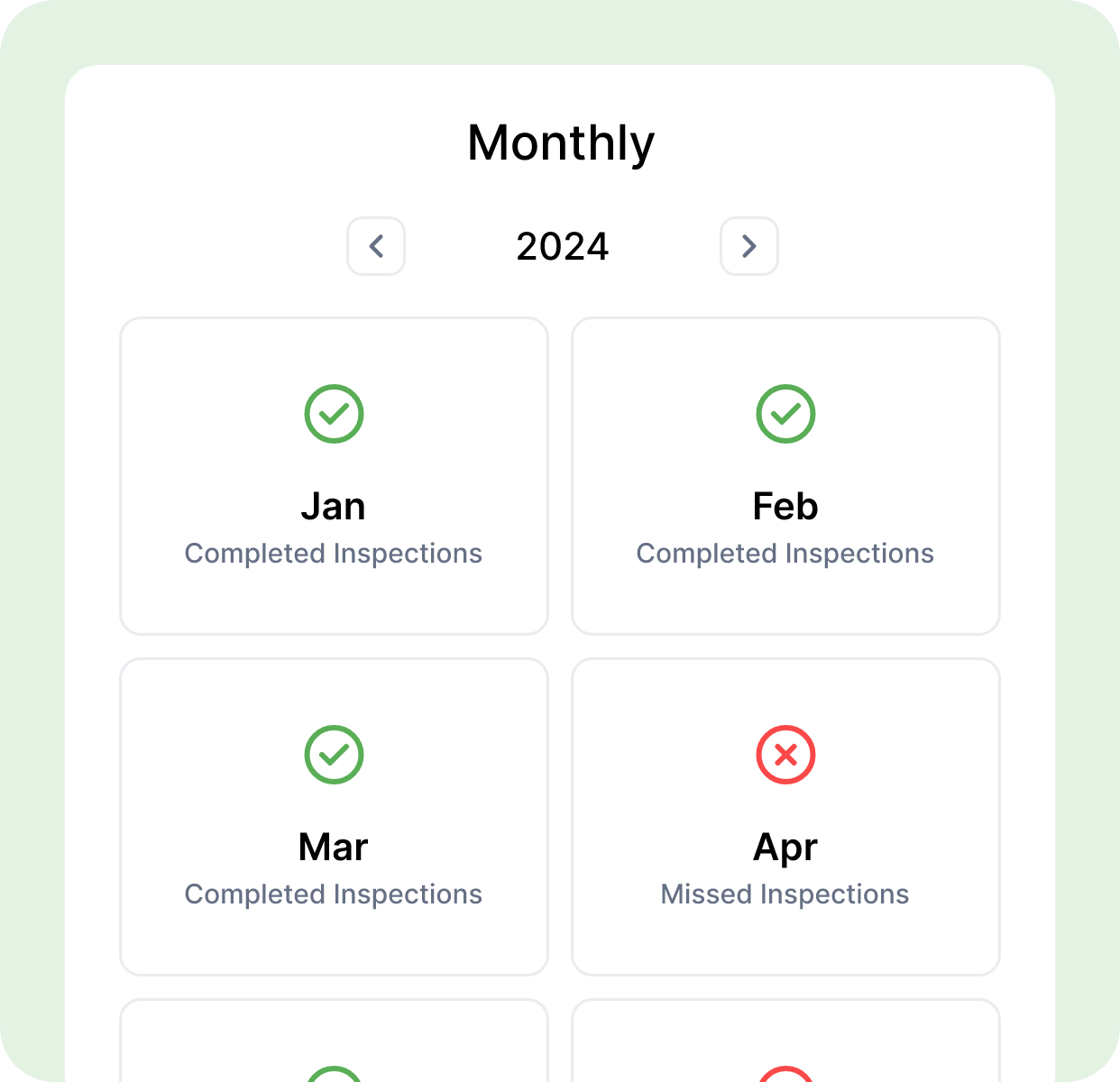 Calendar screenshot showing monthly inspections, so complete and some missed.